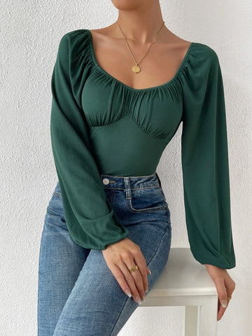 Scoop Neck Lantern Sleeve Ruched Bodysuit
