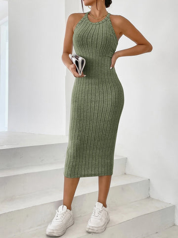 Solid Halter Neck Bodycon Dress