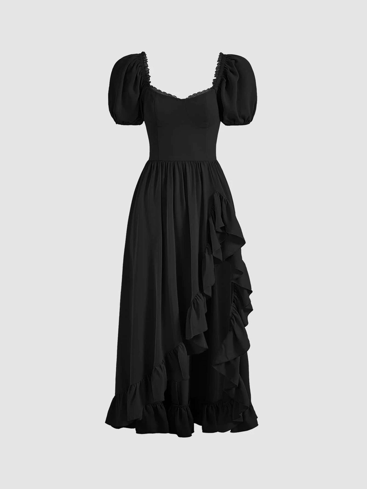 MOD Sweetheart Neck Puff Sleeve Ruffle Asymmetrical Hem Dress Without Belt