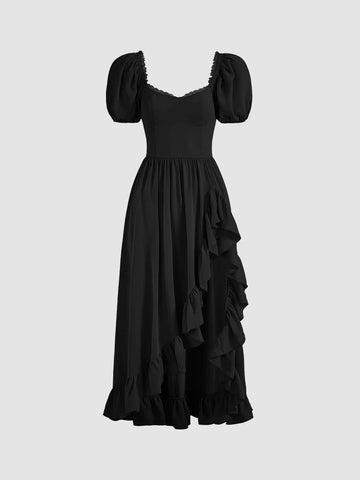 MOD Sweetheart Neck Puff Sleeve Ruffle Asymmetrical Hem Dress Without Belt