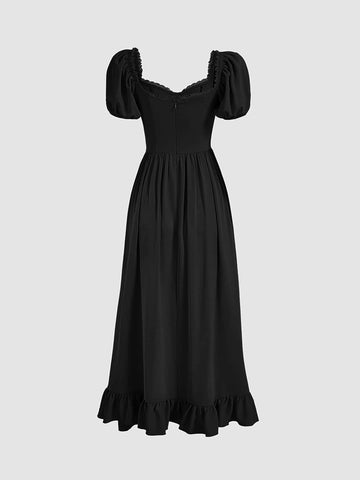 MOD Sweetheart Neck Puff Sleeve Ruffle Asymmetrical Hem Dress Without Belt