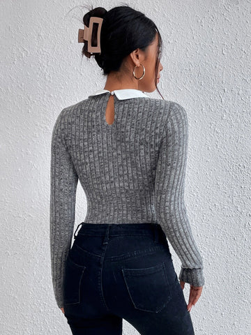 Contrast Collar Keyhole Back Bodysuit