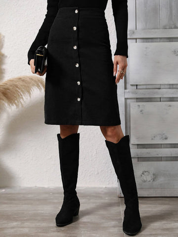 High Waist Button Front Corduroy Skirt