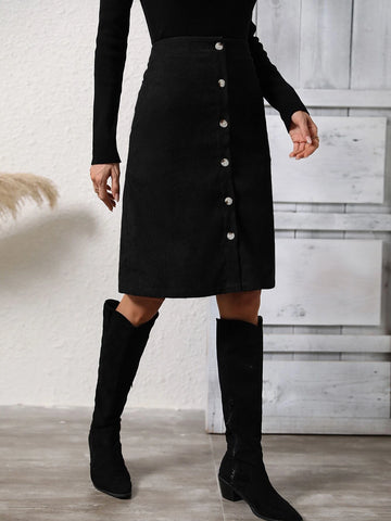 High Waist Button Front Corduroy Skirt