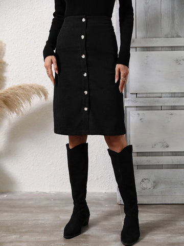 High Waist Button Front Corduroy Skirt