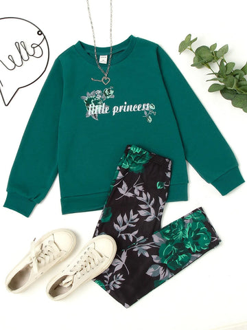 Girls Letter And Floral Print Pullover & Leggings