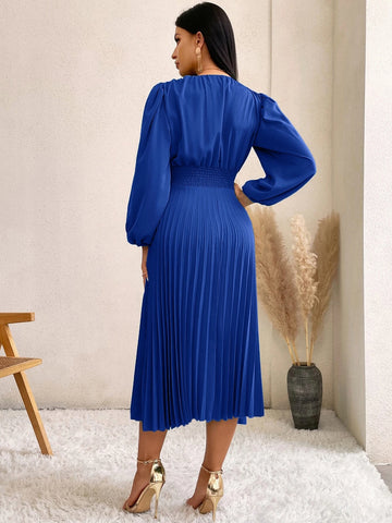 Surplice Neck Lantern Sleeve Pleated Hem Dress