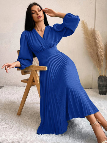 Surplice Neck Lantern Sleeve Pleated Hem Dress