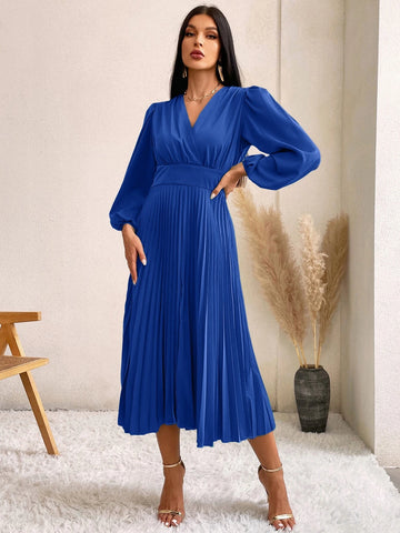 Surplice Neck Lantern Sleeve Pleated Hem Dress