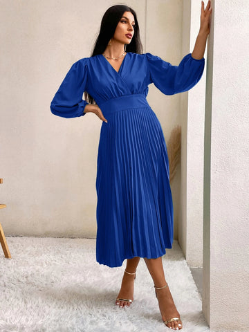 Surplice Neck Lantern Sleeve Pleated Hem Dress