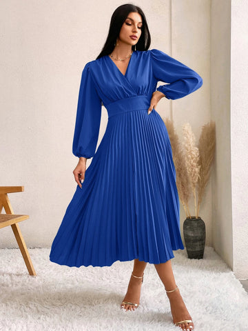 Surplice Neck Lantern Sleeve Pleated Hem Dress