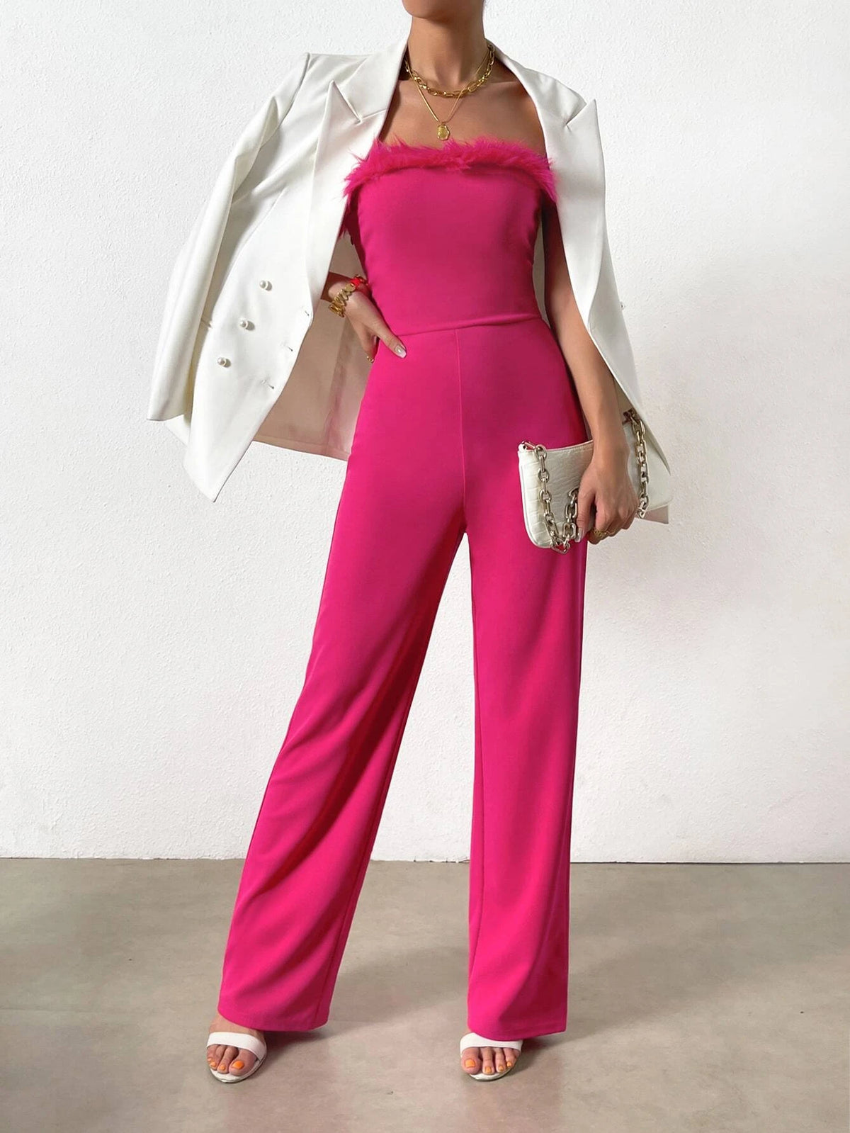 Fuzzy Trim Tube Jumpsuit Without Blazer