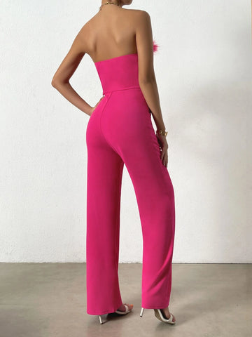 Fuzzy Trim Tube Jumpsuit Without Blazer