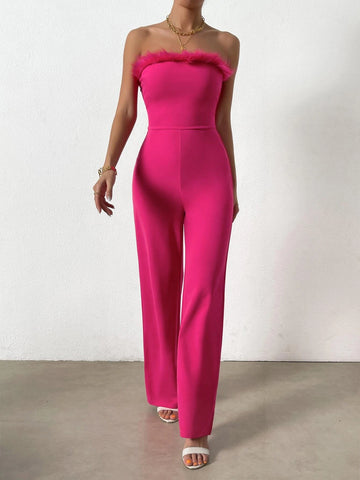Fuzzy Trim Tube Jumpsuit Without Blazer
