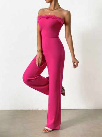 Fuzzy Trim Tube Jumpsuit Without Blazer