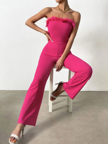 Fuzzy Trim Tube Jumpsuit Without Blazer