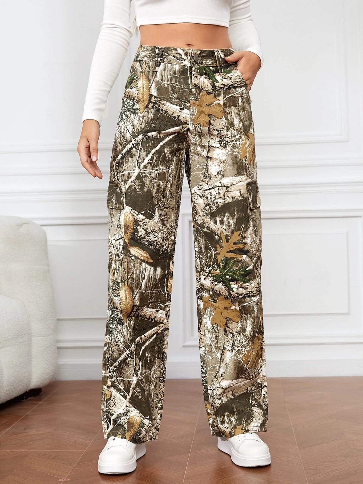 Tall Leaves Print Wide Leg Jeans
