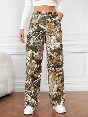 Tall Leaves Print Wide Leg Jeans