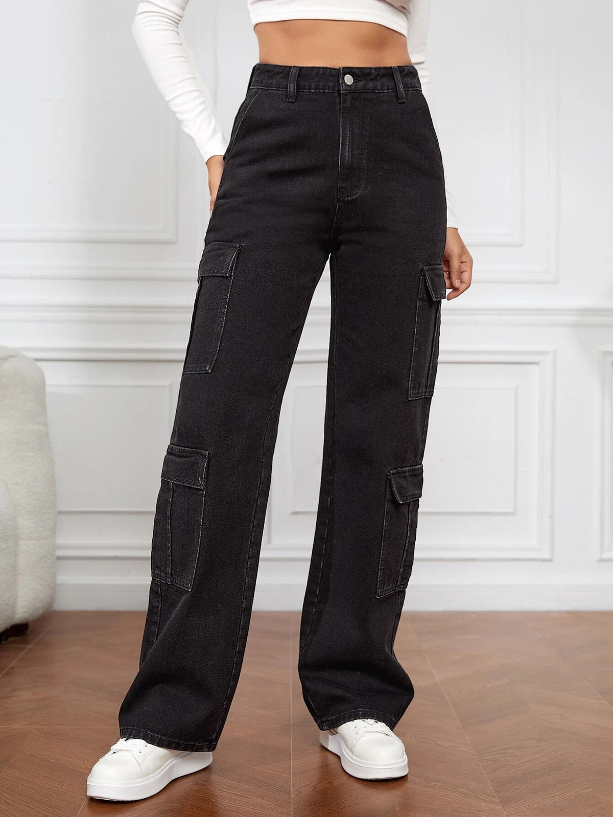 Tall High Waist Flap Pocket Cargo Jeans