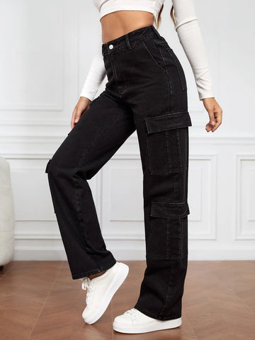 Tall High Waist Flap Pocket Cargo Jeans