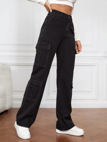 Tall High Waist Flap Pocket Cargo Jeans