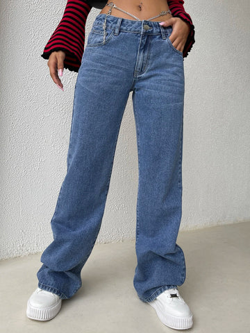 Chain Detail Wide Leg Jeans