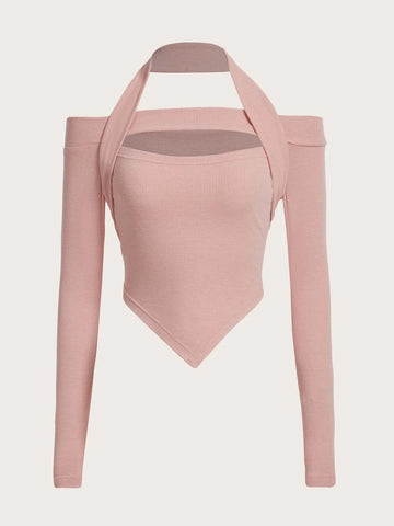 Cut Out Front Halter Neck Hanky Hem Tee