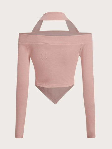 Cut Out Front Halter Neck Hanky Hem Tee