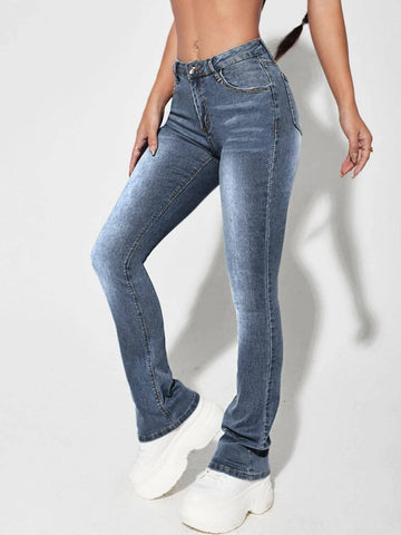 Bleach Wash Flare Leg Jeans