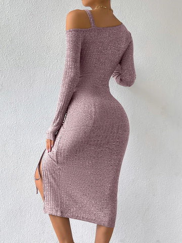 Asymmetrical Neck Drawstring Split Thigh Dress