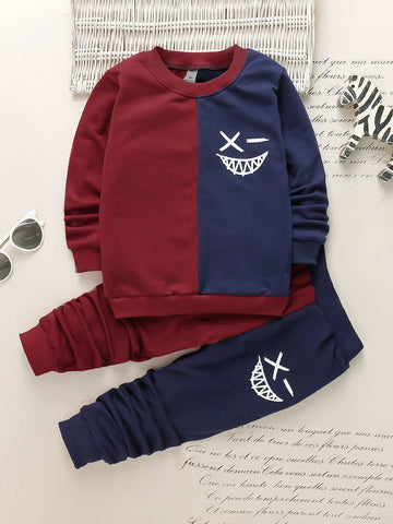 Toddler Boys Cartoon Face Print Two Tone Sweatshirt & Sweatpants