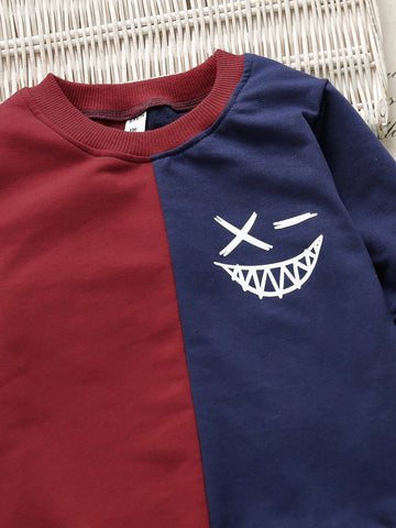 Toddler Boys Cartoon Face Print Two Tone Sweatshirt & Sweatpants