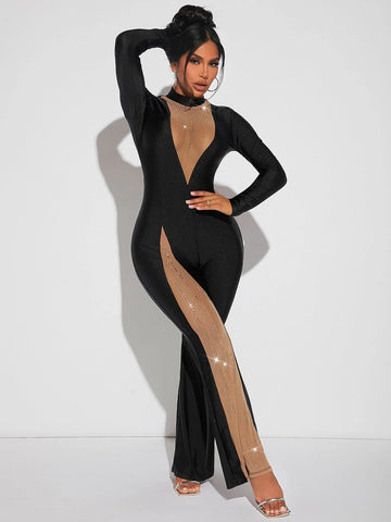 SXY Mesh Insert Rhinestone Detail Mock Neck Flare Leg Jumpsuit