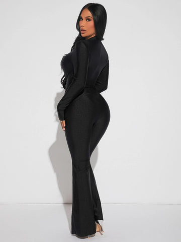 SXY Mesh Insert Rhinestone Detail Mock Neck Flare Leg Jumpsuit