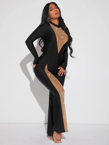 SXY Mesh Insert Rhinestone Detail Mock Neck Flare Leg Jumpsuit
