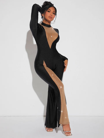 SXY Mesh Insert Rhinestone Detail Mock Neck Flare Leg Jumpsuit