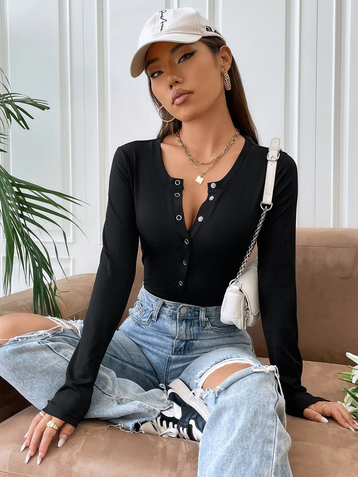 Ribbed Knit Half Button Bodysuit