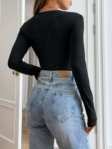 Ribbed Knit Half Button Bodysuit