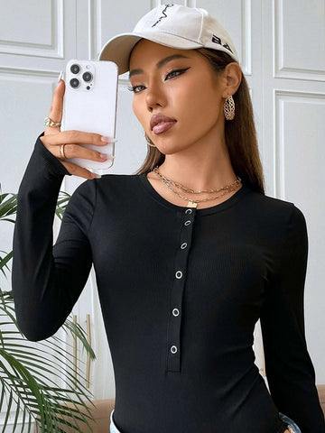 Ribbed Knit Half Button Bodysuit