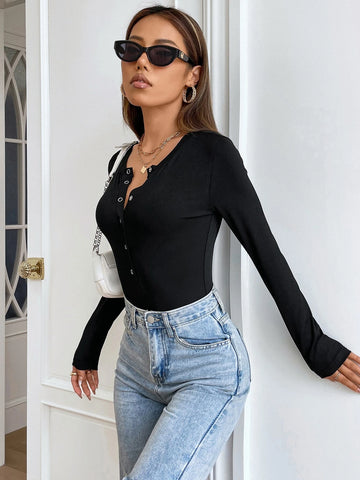 Ribbed Knit Half Button Bodysuit