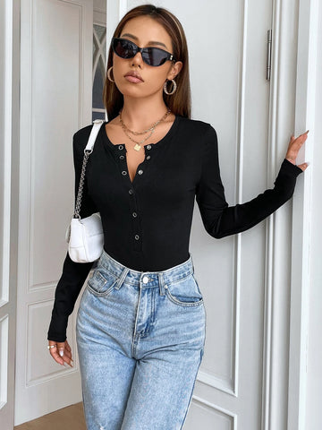Ribbed Knit Half Button Bodysuit