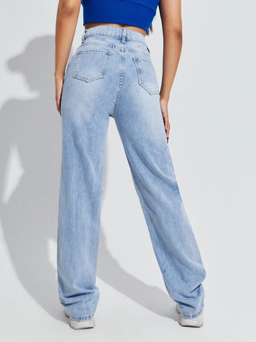 Butterfly Print Ripped Straight Jeans
