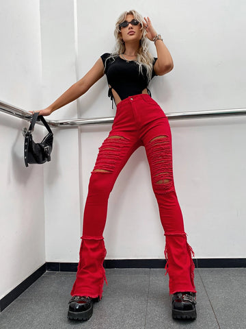 High Waist Ripped Frayed Hem Flare Leg Jeans
