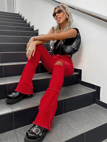 High Waist Ripped Frayed Hem Flare Leg Jeans