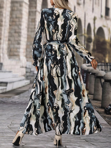 All Over Print Belted Flounce Sleeve A Line Dress