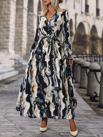 All Over Print Belted Flounce Sleeve A Line Dress