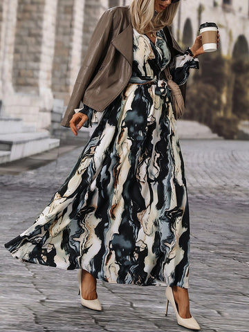 All Over Print Belted Flounce Sleeve A Line Dress