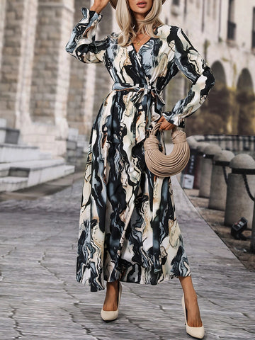 All Over Print Belted Flounce Sleeve A Line Dress