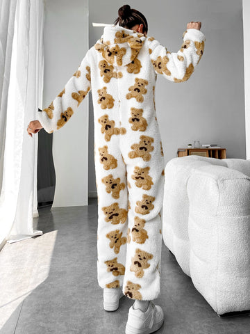 Bear Pattern 3D Ear Design Zipper Hooded Jumpsuit