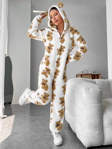 Bear Pattern 3D Ear Design Zipper Hooded Jumpsuit